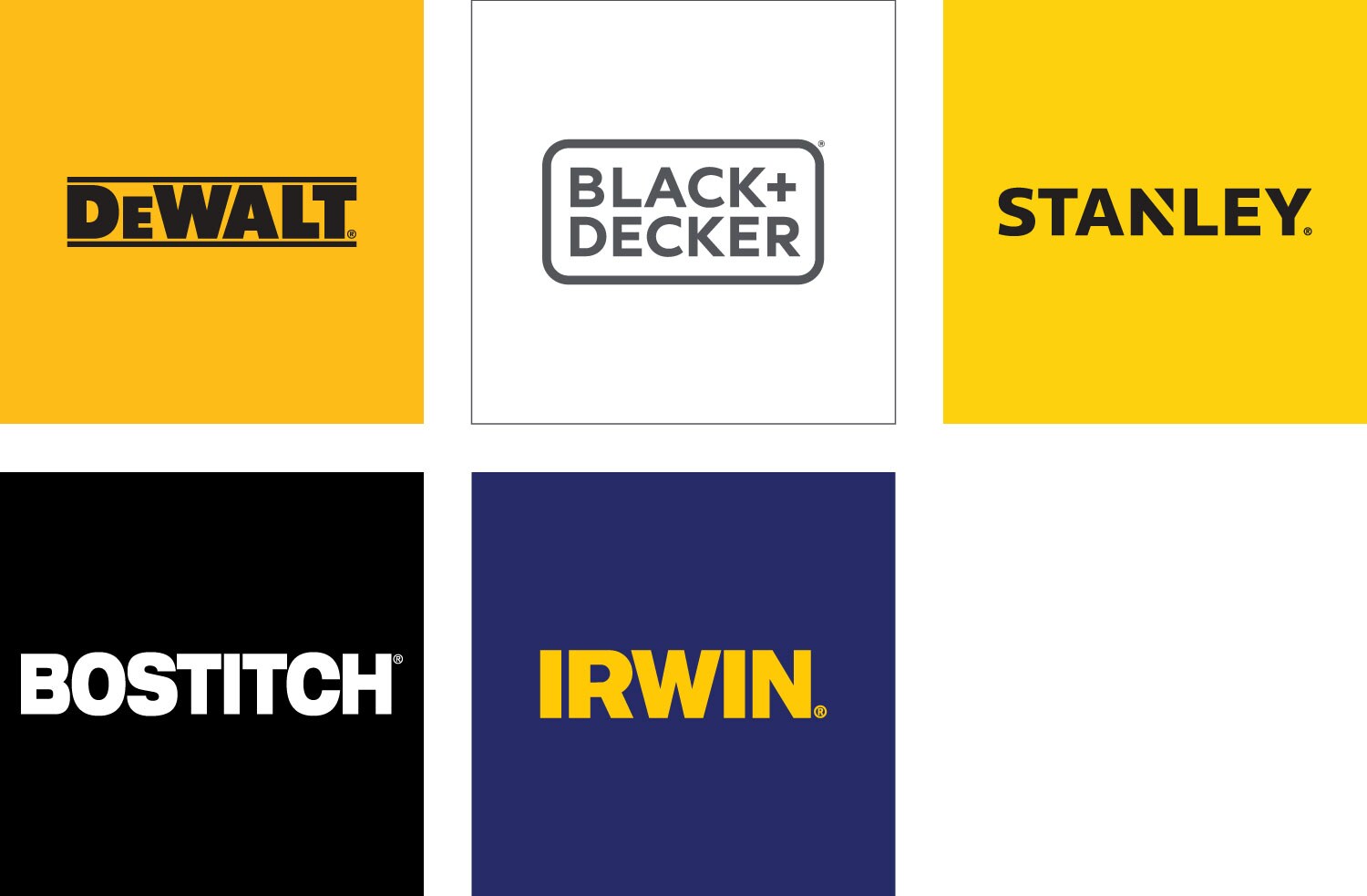 DEWALT, BLACK+DECKER, STANLEY, BOSTITCH and IRWIN logos
