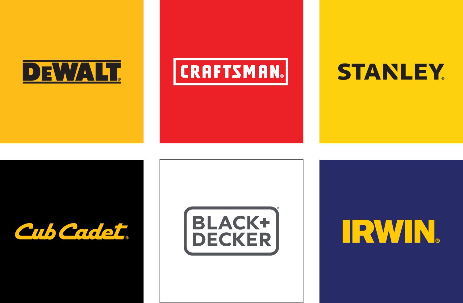 DEWALT, CRAFTSMAN, STANLEY, Cub Cadet, BLACK+DECKER logos